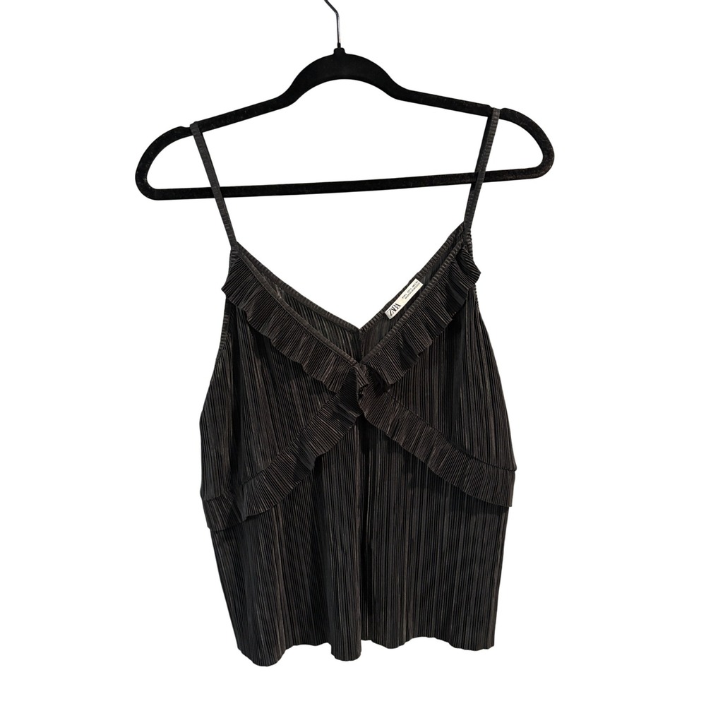 Zara Pleated Ruffle Cami Top Black Accordionโ Pleat Tank Large